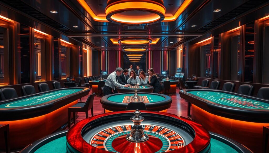 A high-stakes online casino table with classic games like baccarat, blackjack, and roulette set against a backdrop of sleek, modern architecture. The green felt tabletops are illuminated by warm, recessed lighting, casting a sophisticated glow across the polished surfaces. Professional dealers in crisp uniforms stand ready to facilitate thrilling rounds of gameplay. In the middle ground, well-dressed patrons lean in, engaged in intense strategy and chance. The overall scene conveys a sense of refined elegance and responsible gaming within a legally compliant establishment.
