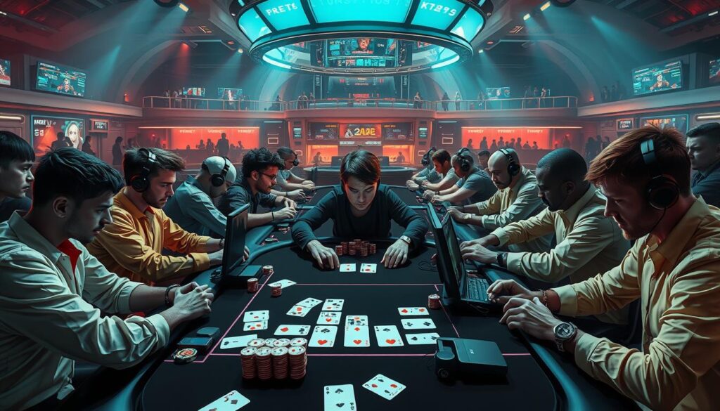 A high-stakes online poker tournament unfolds, players laser-focused on their screens. The foreground features a stylized table with cards, chips, and a strategic layout of betting amounts. In the middle ground, avatars of players from around the world engage in intense digital battles, their expressions conveying the thrill and tension of the competition. The background depicts a sleek, futuristic arena with holographic game displays and spectators watching the action from elevated viewing platforms. Dramatic lighting casts dramatic shadows, amplifying the high-stakes atmosphere. The overall scene exudes a sense of technological sophistication, strategic depth, and the adrenaline rush of digital gameplay.