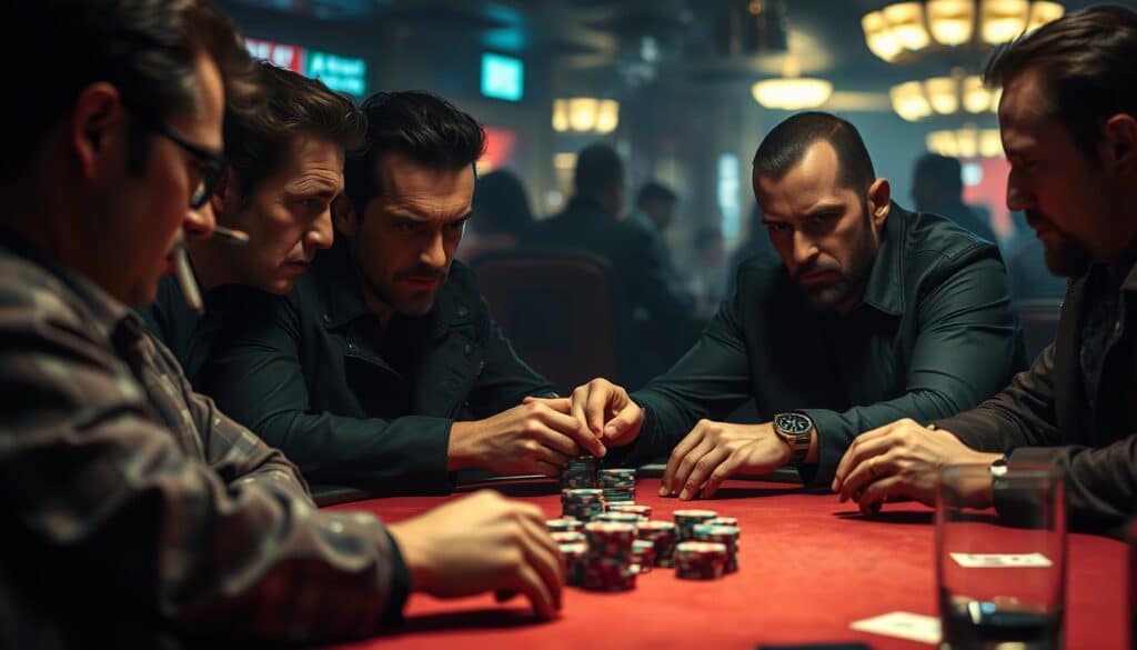 A high-stakes poker game at a dimly lit casino table. The players' faces are etched with concentration, their eyes scanning each other's expressions for any tell or weakness. Tension hangs thick in the air as they size up their opponents, each trying to gain the upper hand through subtle body language and micro-expressions. The flicker of a cigarette, the shifting of a stack of chips - every movement carries the weight of a strategic decision. In the background, the ambient noise of the casino creates a sense of immersion, the clink of glasses and the murmur of conversation adding to the atmosphere of a high-intensity psychological battle.