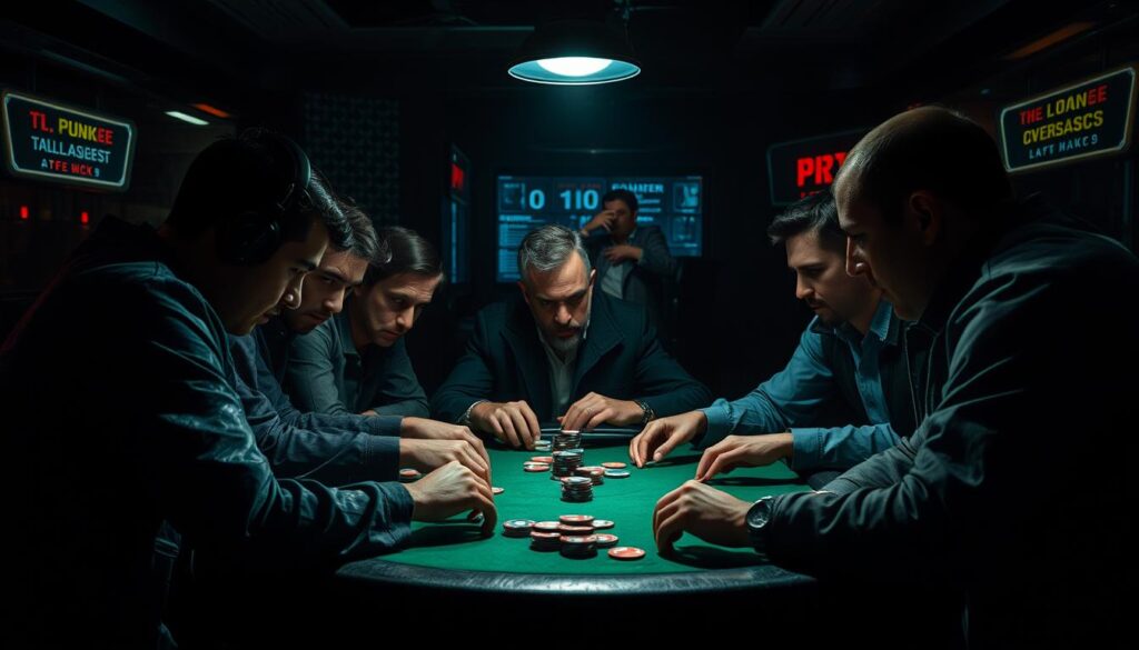 A high-stakes poker game in a dimly lit casino, with players huddled around a green felt table, intense expressions on their faces as they scrutinize their cards and strategize their next moves. Overhead, a single spotlight illuminates the action, casting dramatic shadows and highlighting the tension in the air. The players' hands are poised, their chips neatly stacked, as they meticulously calculate the odds and weigh their options, seeking to outmaneuver their opponents through a masterful display of skill and nerve. The atmosphere is electric, the stakes are high, and the thrill of the game is palpable.