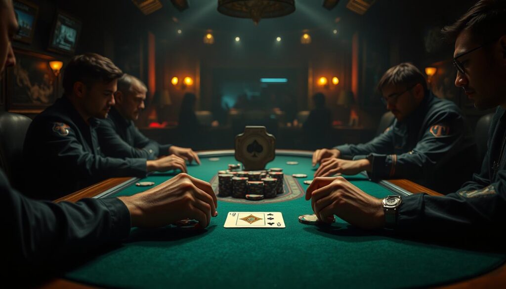 A high-stakes poker game table set against a dimly lit backdrop, with focused players scrutinizing their cards and chips. The table is adorned with vintage green felt, sleek wooden edges, and a striking centerpiece featuring a stylized poker card and chip design. Dramatic chiaroscuro lighting casts deep shadows, creating an air of intensity and strategic contemplation. In the foreground, the player's hands are poised, ready to make a decisive move, while in the background, the room is filled with a sense of hushed anticipation. An atmosphere of analytical precision and calculated risk-taking pervades the scene, perfectly embodying the key elements of effective poker strategy.