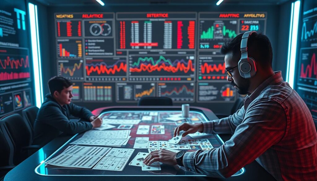 A high-stakes poker game unfolds against a backdrop of analytical data visualizations. In the foreground, a player meticulously scrutinizes a spreadsheet, mapping out complex card combinations and betting strategies. The middle ground features a holographic table displaying real-time odds, probabilities, and player behavior analytics. In the background, a wall-sized display showcases historical data trends, heatmaps, and machine learning models - insights that guide the players' every move. Dramatic lighting casts an air of intensity, while the clean, minimalist aesthetic conveys the precision and sophistication of this data-driven approach to the game. Ultimately, this image captures the intersection of cutting-edge analytics and the high-pressure world of Texas Hold'em.