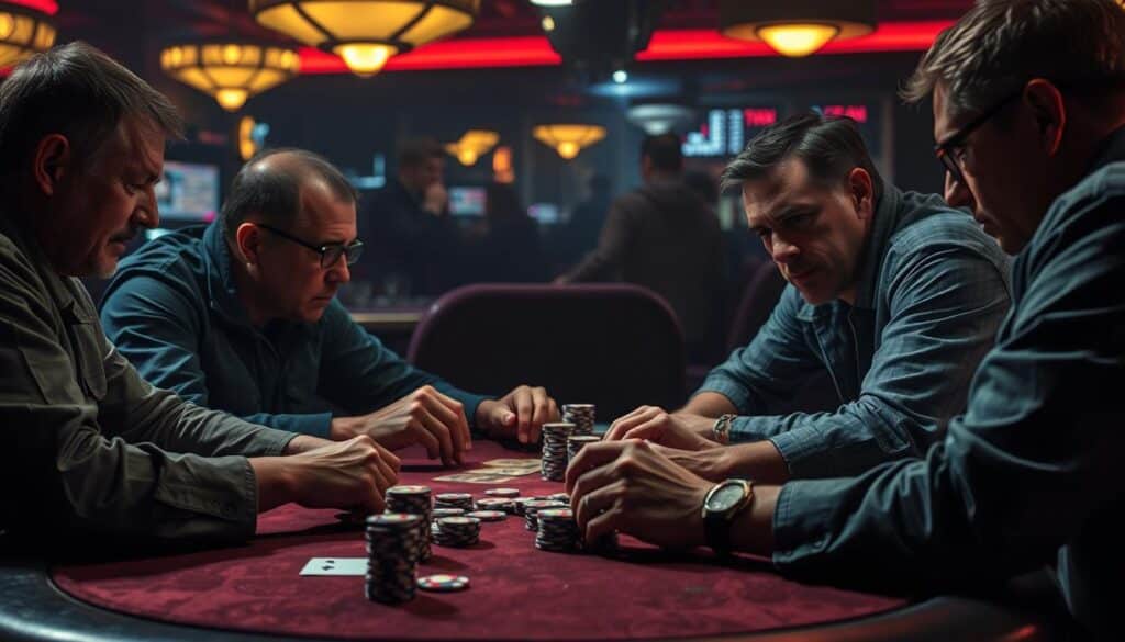 A high-stakes poker game unfolds in a dimly lit casino. The players, their faces etched with intense concentration, scrutinize their cards and each other's tells, drawing on years of hard-earned experience. The table's felt surface is worn, the chips stacked high, casting long shadows in the low-angle lighting. The atmosphere is tense, charged with the thrill of risk and the pursuit of mastery. Experienced hands make calculated moves, each decision a testament to the lessons learned through countless battles at the tables. This is the crucible where the elite hone their skills, where the pursuit of victory is forged in the fire of real-world competition.