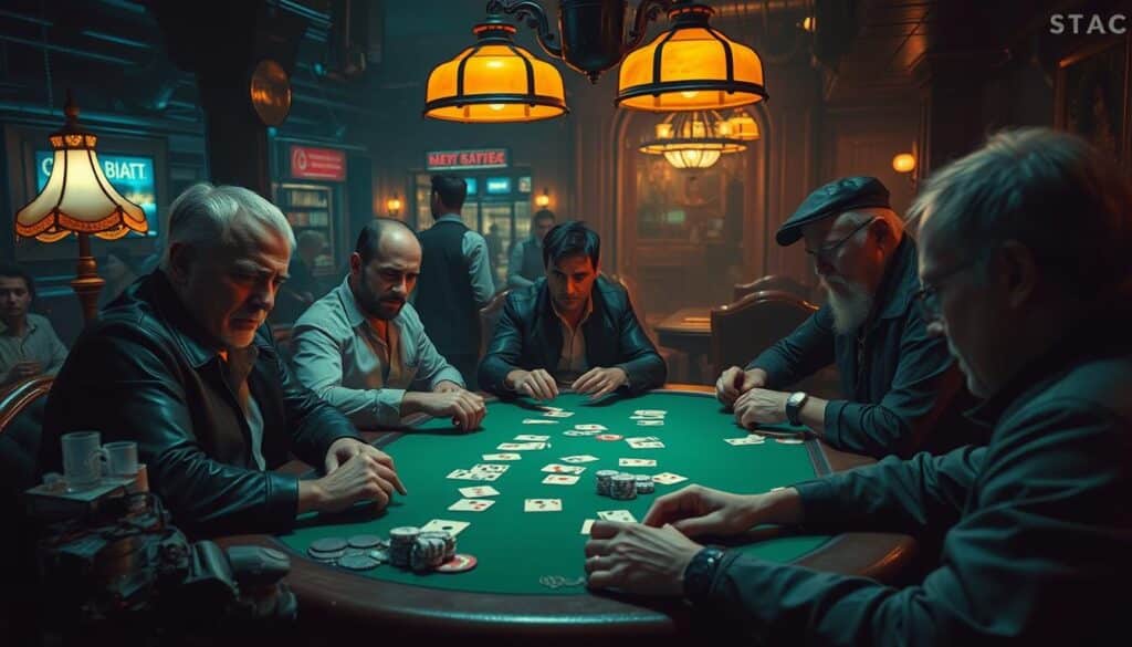 A high-stakes poker game unfolds in a dimly lit underground casino. The players, seasoned veterans with steely gazes, sit around a green felt table, their faces illuminated by the warm glow of antique lamps. The air is thick with tension as they carefully study their cards, weighing each decision with the precision of master strategists. In the background, the faint sounds of clinking glasses and muted conversations create a moody, atmospheric backdrop, hinting at the high-stakes narratives that unfold behind closed doors. This is the domain of the skilled, the cunning, the high-roller players who have honed their craft through years of experience, each with a story to tell.