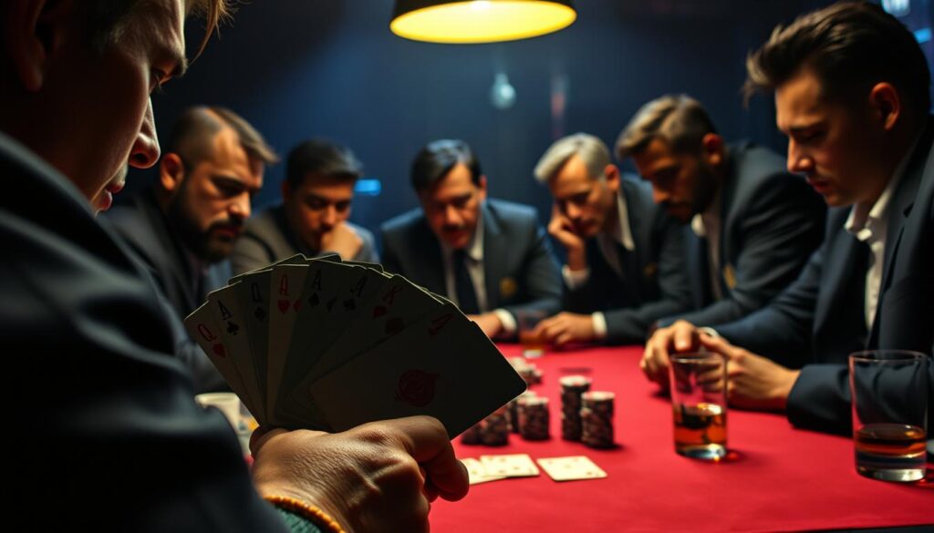 A high-stakes poker game unfolds, with players engaged in an intense psychological battle. In the foreground, a hand of cards is held, the player's face partially obscured, exuding a contemplative, poker-faced expression. The middle ground reveals the tension of the game, with other players leaning in, their expressions guarded, as they strategize their next moves. The background is dimly lit, creating an atmosphere of secrecy and intrigue, with subtle details like a stack of chips and a whiskey glass hinting at the high-stakes nature of the encounter. Dramatic lighting casts dramatic shadows, emphasizing the mental acuity required to outmaneuver one's opponents in this cerebral game of skill and nerve.