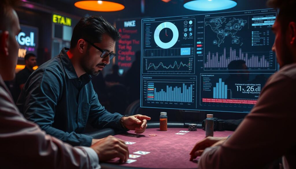 A high-stakes poker game unfolds, with players intently studying data visualizations projected on a holographic display. In the foreground, a skilled analyst examines charts and graphs, leveraging advanced analytics to anticipate opponents' moves. The middle ground features a felt-covered table, dimly lit by soft ambient lighting, creating an air of intense concentration. In the background, the game's participants are silhouetted, their expressions hidden, as they consider the insights gleaned from the data. The scene conveys the power of data-driven decision-making in the competitive world of online poker, where split-second choices can mean the difference between triumph and defeat.