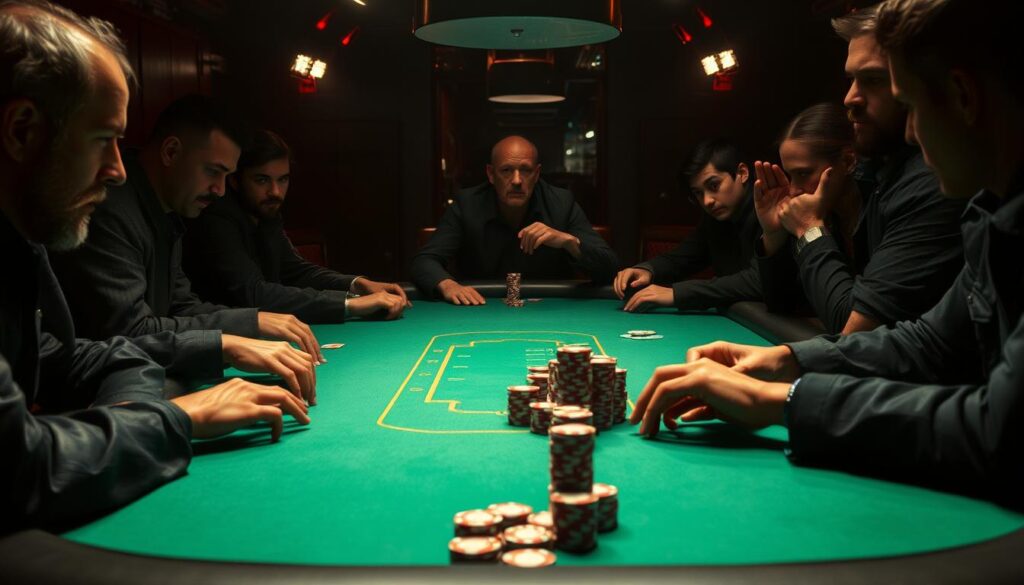 A high-stakes poker table, green felt surface, surrounded by shadowy figures engaged in intense strategizing. Overhead, dramatic lighting casts stark contrasts, highlighting the serious expressions and tensed postures of the players. The air is thick with a sense of anticipation and calculated risk-taking. In the center, a stack of poker chips waits to be claimed through a masterful display of tactical maneuvering and psychological warfare. This is the strategic battleground of Texas Hold'em, where every decision, every bluff, and every calculated risk can determine the outcome of the game.