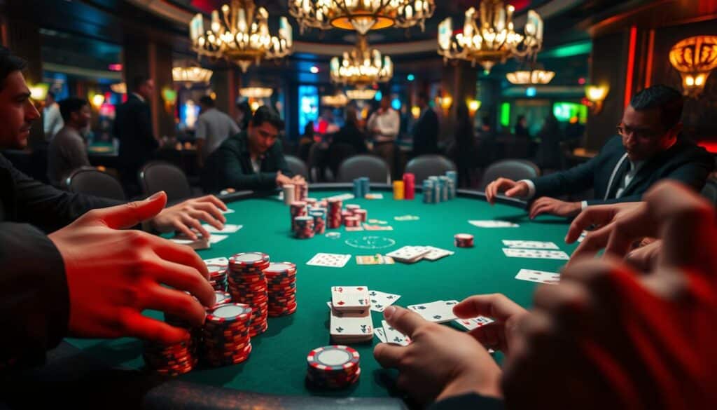 A high-stakes poker table in a dimly lit casino, green felt surface reflecting the warm glow of overhead chandeliers. Stacks of poker chips in vibrant hues - red, blue, green - symbolizing the mathematical probabilities underpinning each hand. Hands reach out, fingers poised to make the next critical decision, as the players scrutinize their cards and assess the odds. An aura of concentration and tension permeates the scene, underscoring the importance of understanding probability in the thrilling game of Texas Hold'em.