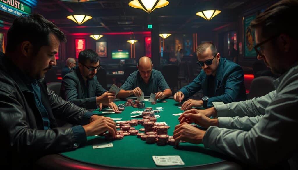 A high-stakes poker table in a dimly lit casino, the green felt surface reflecting the warm glow of overhead lamps. Skilled players analyze their cards and chips, expressions focused as they strategize their next moves. A complex decision tree unfolds, with probabilities, pot odds, and bluffing techniques at the forefront of their minds. Tension builds as the dealer shuffles and deals, the sounds of chips clinking and cards sliding across the table creating an atmospheric backdrop. The scene captures the essence of poker strategy, a cerebral game of wits and calculated risk-taking, where experienced players thrive.
