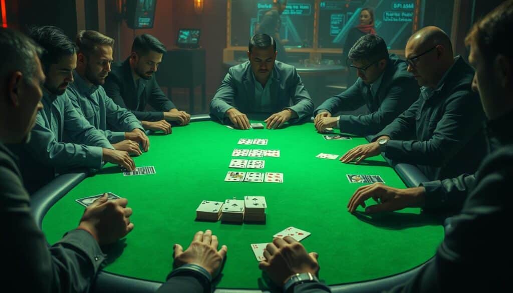 A high-stakes poker table, the felt green as freshly mowed grass. Illuminated by soft, warm lighting that casts a contemplative glow. In the center, a deck of cards, expertly shuffled, awaits the next strategic move. Surrounding the table, a group of intense, focused players, their expressions unreadable, lost in the intricate calculations of probability and risk. The atmosphere is tense, electric, as they dissect the game's nuances, searching for the slightest edge. Shadows lengthen across the table, emphasizing the gravity of each decision. This is the realm of the professional poker player, where mastery of strategy is the ultimate pursuit.