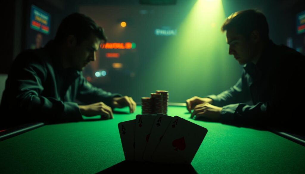 A high-stakes poker table, the green felt a battlefield. Two players, locked in a cerebral dance, their faces masks of concentration. Shadows cast by a single spotlight, creating an air of intensity. In the foreground, a pair of aces, the ultimate temptation, hinting at the psychological stratagems at play. The background blurs, the world fading away, leaving only the clash of wills, the pursuit of dominance. Tense, atmospheric, a window into the covert world of Texas Hold'em strategy.