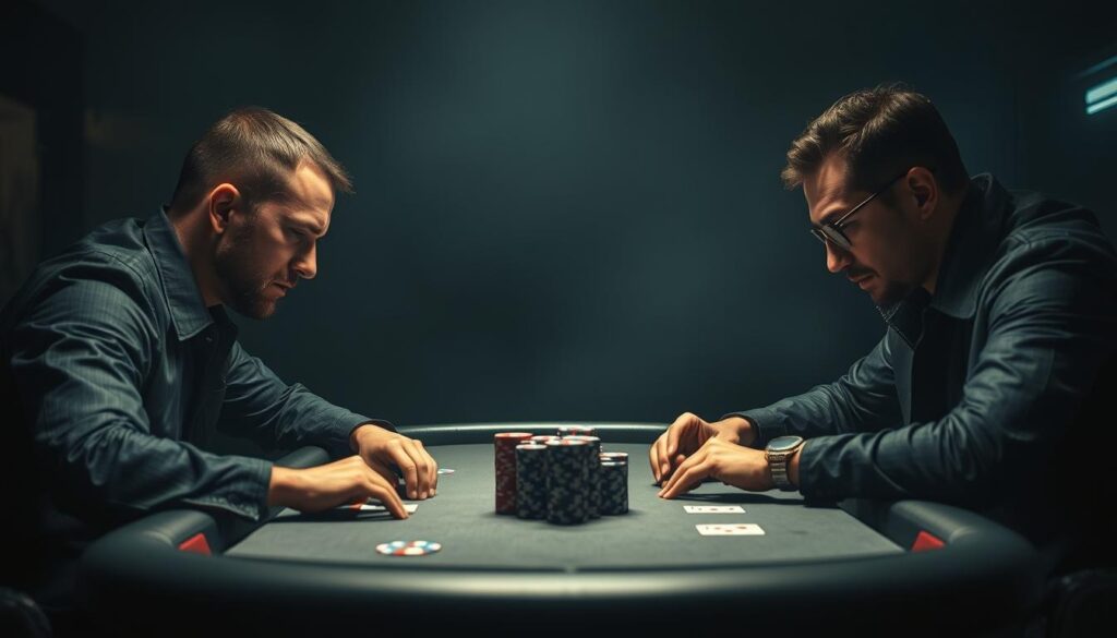 A high-stakes poker table with a tense, psychological atmosphere. In the foreground, two professional players engage in a silent battle of wills, their faces etched with intense concentration. Subtle tells and micro-expressions flicker across their features as they meticulously analyze their opponent's every move. The middle ground is shrouded in a dim, moody lighting, creating an air of mystery and gamesmanship. In the background, the table is flanked by a sparse, minimalist setting, devoid of distractions, allowing the focus to remain solely on the clash of the players' minds. The scene conveys the strategic mastery, calculated risks, and psychological warfare inherent in the world of professional poker.