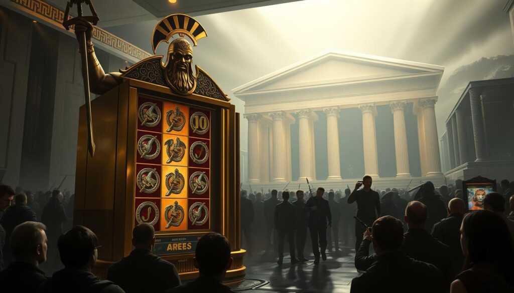 A high-stakes slot machine game set in an ancient Greek mythological world. Foreground: The towering figure of Ares, the god of war, stands triumphantly beside a massive gold-plated slot machine, its reels spinning with symbols of swords, shields, and laurel wreaths. Middle ground: Shadowy silhouettes of gamblers crowd around the machine, their expressions tense with anticipation. Background: A grand, Olympian-inspired temple looms in the distance, its columns and pediments illuminated by dramatic lighting that casts long shadows across the scene. The atmosphere is one of strategic gameplay, primal power, and the thrill of potential fortune.
