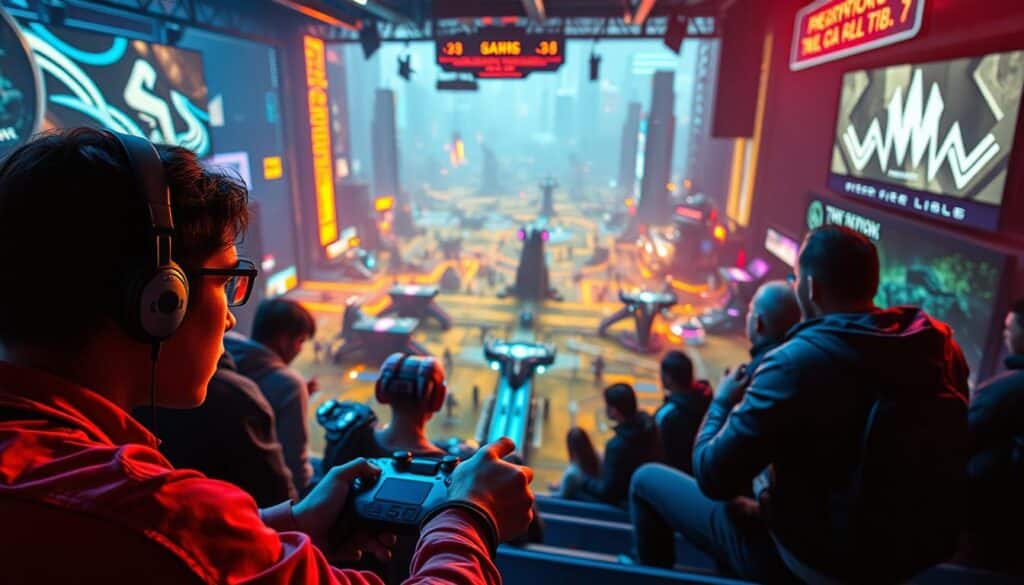 A high-stakes video game arena, lit by neon hues and the glow of digital displays. In the foreground, a player grips their controller, eyes locked on the screen with intense focus. Surrounding them, spectators lean in, captivated by the thrill of the competition. The middle ground features a sprawling game landscape, filled with obstacles, power-ups, and a sense of unbridled adrenaline. In the background, the environment fades into a blurred, futuristic cityscape, hinting at the broader cultural impact of this immersive gaming experience. The overall scene conveys the allure of challenge, the allure of mastery, and the electrifying atmosphere that draws players and enthusiasts alike to this digital battleground.