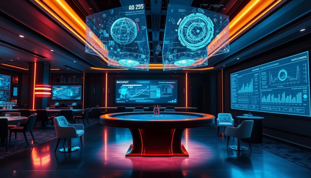 A high-tech casino interior, with a baccarat table at the center. Overhead, holographic displays showcase complex AI algorithms analyzing gameplay patterns and player behavior. The table is bathed in a soft, blue-tinted lighting, creating an atmosphere of high-tech sophistication. Beside the table, a large screen displays real-time data visualizations, charts, and predictive analytics, illustrating the AI's insights. Sleek, minimalist furniture and decor creates a clean, modern aesthetic, complementing the technological focus. The scene conveys the seamless integration of advanced data analysis and AI-powered decision-making within the traditional baccarat experience.