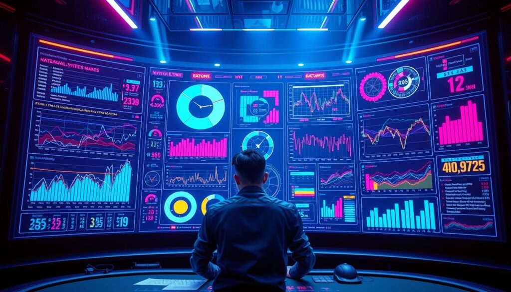 A high-tech data visualization dashboard showcases intricate graphs and charts, illuminating the insights that unlock the secrets to baccarat gameplay mastery. Sleek, minimalist design elements create a sense of precision and control, while vibrant colors and dynamic visual elements convey the tension and excitement of the casino environment. The scene is bathed in a cool, blue-tinted light, evoking a sense of technological sophistication. At the center, a lone analyst pores over the data, their expression one of focused determination, hinting at the transformative power of analytics to elevate the player's odds of success.