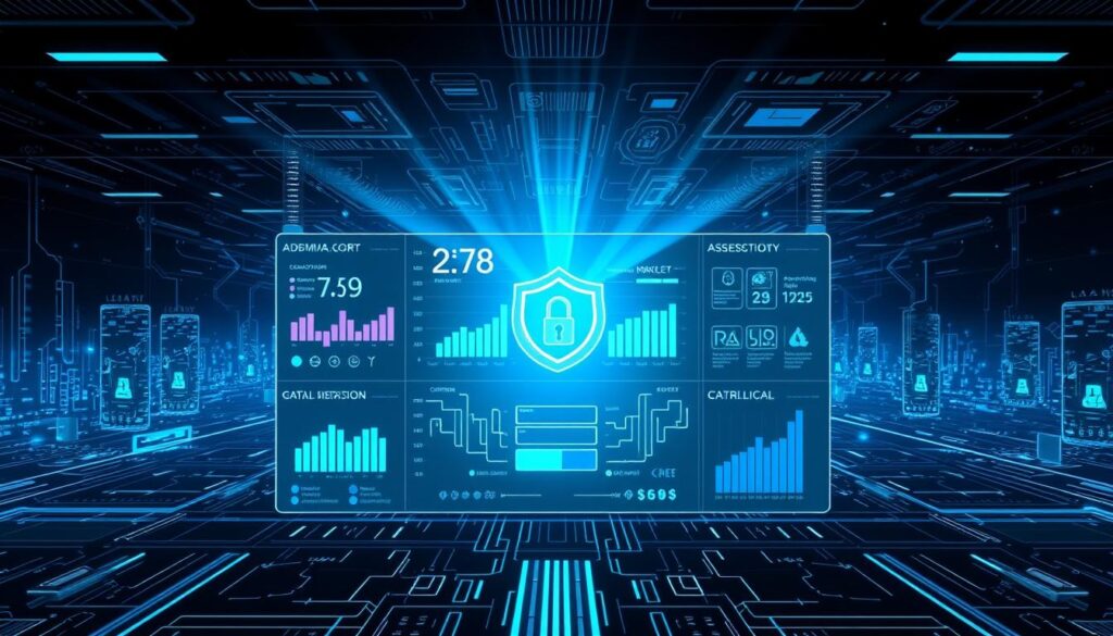 A high-tech digital interface with a central dashboard displaying various security metrics and analyses. Sleek, minimalist design with a muted color palette of blues and grays. The foreground features a secure login system with biometric scanning and multi-factor authentication. The middle ground showcases real-time threat monitoring, risk assessment tools, and anomaly detection algorithms. The background depicts a sprawling cybersecurity network with interconnected data centers, encryption protocols, and firewalls. Subtle rays of light emanate from the display, creating a sense of technological sophistication and vigilance. The overall atmosphere conveys a strong emphasis on online safety, data protection, and risk mitigation.