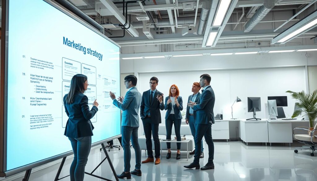 A high-tech, futuristic-looking office space with a large whiteboard or projection screen in the foreground, displaying a detailed marketing strategy plan. In the middle ground, a team of business professionals engaged in a lively discussion, gesturing towards the whiteboard. The background features minimalist, clean-lined furniture and equipment, suggesting an innovative, forward-thinking environment. The lighting is bright and directional, creating a sense of focus and clarity. The overall composition conveys a dynamic, collaborative atmosphere where strategic marketing decisions are being made.