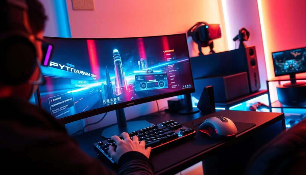 A high-tech gaming setup in a dimly lit modern room, featuring a large curved ultrawide monitor, a sleek mechanical keyboard, and an advanced gaming mouse. Ambient underglow illuminates the desk, casting a futuristic glow. In the foreground, a player's hands are focused on the controls, their face obscured by the screen's reflection. The background showcases various gaming peripherals, including a virtual reality headset, a gaming console, and perhaps a gaming smartphone. The scene conveys the immersive, technology-driven nature of contemporary gaming trends among Taiwanese players.