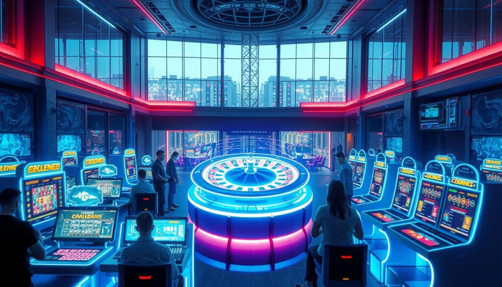 A high-tech online casino with neon-lit gaming tables, slot machines, and holographic displays. The foreground features sleek, futuristic gaming terminals with players immersed in the interactive experience. The middle ground showcases a central holographic roulette wheel, its vibrant colors and dynamic movement captivating the senses. In the background, a towering glass atrium reveals a panoramic cityscape, hinting at the global reach and sophisticated nature of this virtual gambling haven. Soft, diffused lighting creates an alluring, atmospheric ambiance, while the clean, minimalist design evokes a sense of modern luxury and technological innovation.