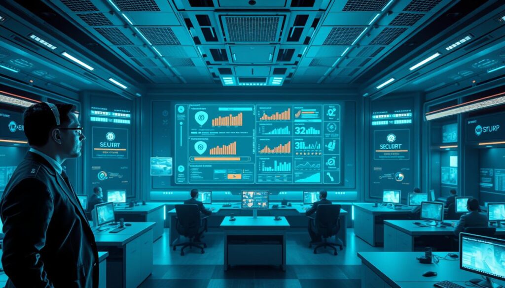 A high-tech security control room, with holographic displays, biometric scanners, and a sleek, minimalist design. The focal point is a large central monitor showcasing a real-time data visualization of security metrics and risk assessments. The room is bathed in a cool, blue-tinted lighting that creates a sense of heightened awareness and professionalism. In the foreground, an operator in a tailored uniform stands vigilant, intently monitoring the screens. The background features rows of workstations, each manned by a focused security analyst, their attention fixed on maintaining the integrity of the system. An aura of confidence and competence permeates the scene, conveying the notion of a secure, reliable, and technologically advanced gaming platform.