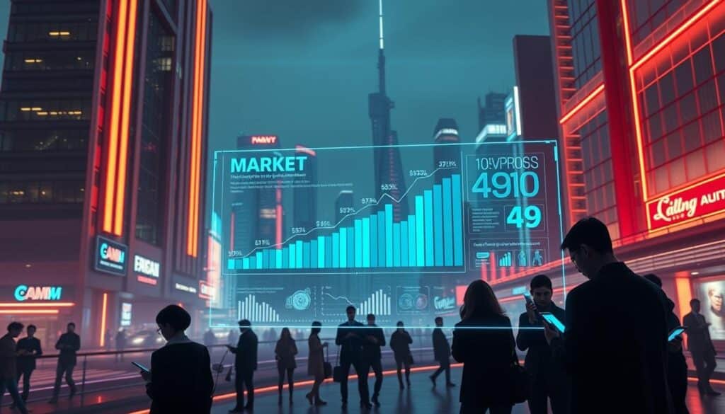 A high-tech visualization of the online gambling platform market trend. Set in a sleek, minimalist cityscape with towering skyscrapers and neon-lit streets, the scene depicts the rapid growth and evolution of the digital gambling industry. In the foreground, a holographic display showcases a dynamic, data-driven visualization of market statistics and projections, rendered with a cool, futuristic color palette. The midground features silhouettes of people engaged with various gambling apps and platforms on their mobile devices, emphasizing the pervasive accessibility of online gambling. In the background, a panoramic view of the bustling metropolis reflects the scale and reach of the industry. Soft, directional lighting accentuates the sleek, high-tech aesthetics, creating an immersive and compelling visual narrative around the trends shaping the online gambling market.