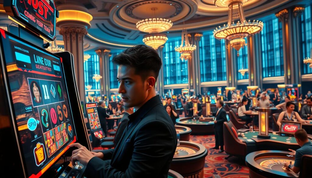 A highly detailed and dynamic scene depicting effective strategies for boosting win rates in casino games. Set in a sleek, modern casino environment, the foreground features a player skillfully navigating a virtual slot machine interface, their face furrowed in concentration. The middle ground showcases various casino elements like roulette tables, card dealers, and patrons engaged in lively gameplay, all illuminated by warm, atmospheric lighting. In the background, a grand, opulent casino interior with towering columns, elaborate chandeliers, and expansive windows creates a sense of grandeur and high-stakes excitement. The overall mood is one of strategic mastery, intense focus, and the thrill of gambling success.