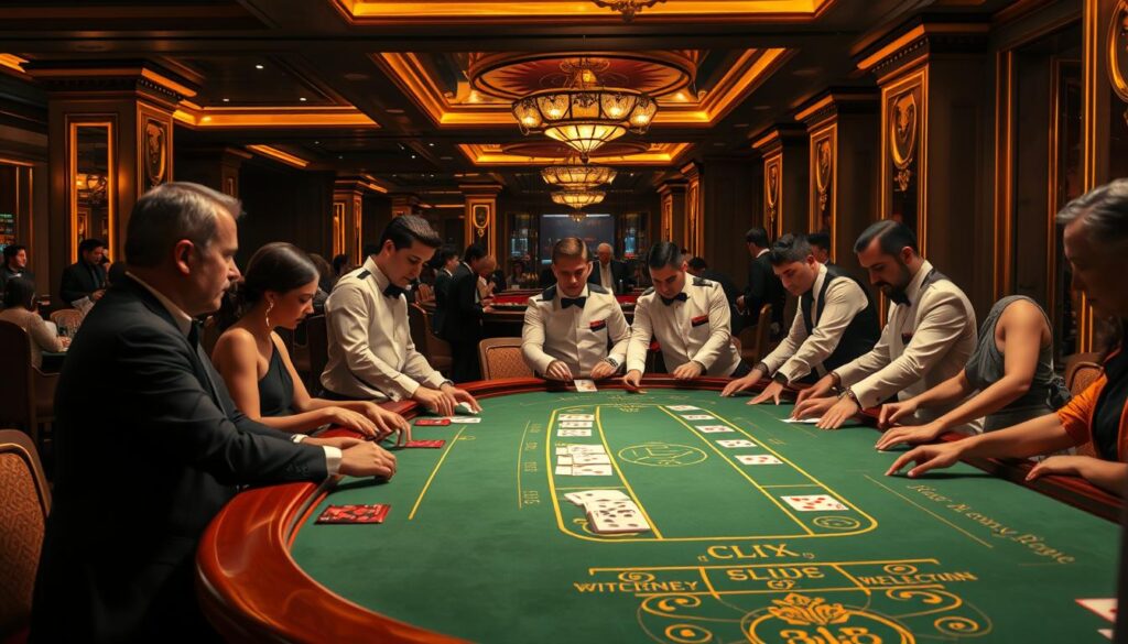 A highly detailed and immersive image of a traditional baccarat table in a high-end casino. The table is illuminated by warm, golden lighting, creating a luxurious and inviting atmosphere. The green felt surface is pristine, and the edges are lined with intricately carved wood. Manicured croupiers in crisp, white uniforms stand ready to deal the cards, their faces focused and professional. Around the table, elegantly dressed players lean in, their expressions a mix of anticipation and concentration as they place their bets. In the background, the dimly lit casino floor is visible, hinting at the excitement and energy of the gaming environment. The overall scene conveys the allure and sophistication of the classic baccarat experience.