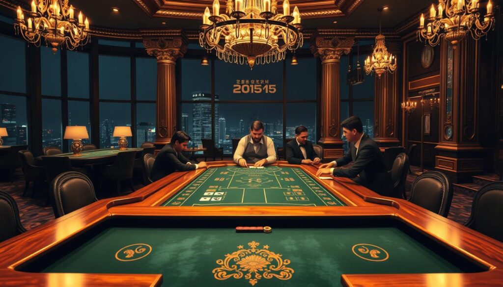 A highly detailed and realistic illustration of the basic rules of the baccarat casino game. The image should feature a luxurious baccarat table in the foreground, with exquisite wood and green felt textures. Dimly lit chandeliers and elegant decor create a sophisticated atmosphere. In the middle ground, several players are engaged in the game, their hands and cards visible. The background should showcase the opulent interior of a high-end casino, with ornate columns, gilded accents, and large windows overlooking a nighttime cityscape. The lighting should be warm and inviting, with a sense of mystery and anticipation. The overall composition should convey the essence of the baccarat experience, highlighting the game's rules and mechanics in a visually striking and immersive manner.