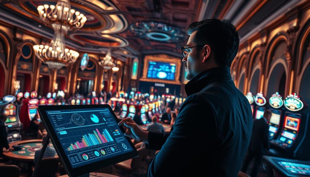 A highly detailed, cinematic image of the best online casino games analysis. Set in a dimly lit, high-end casino interior with opulent decor, rich textures, and dramatic chiaroscuro lighting. In the foreground, a professional-looking analyst is intently reviewing data and charts on a sleek, high-resolution display, surrounded by gaming tables, slot machines, and other casino accoutrements. The middle ground features a panoramic view of the bustling casino floor, with smartly dressed patrons immersed in various games of chance. The background showcases the elegant, palatial architecture of the casino, creating a sense of grandeur and exclusivity. The overall mood is one of sophisticated analysis, precision, and the thrill of the gaming experience.