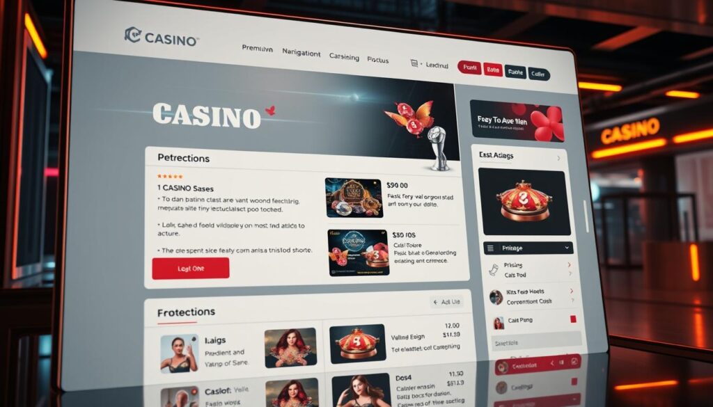 A highly detailed, photorealistic image of a modern, sleek user interface for a casino website. The interface features a clean, minimalist design with intuitive navigation elements, crisp typography, and strategic use of negative space. The layout is organized into distinct sections, with clear call-to-action buttons and interactive elements. Warm, subtle lighting casts a premium, high-end aesthetic, while the camera angle provides a slightly elevated, slightly angled perspective to showcase the interface's depth and responsiveness. The overall mood is one of sophistication, user-friendliness, and technological sophistication, reflecting the high-quality experience promised by the casino.