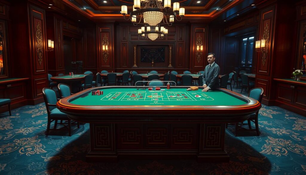 A highly detailed, photorealistic image of a traditional Chinese-style tabletop casino game table, with a green felt surface and elegant wooden trim. The table is positioned in a dimly lit, luxurious casino interior, with plush carpets, ornate chandeliers, and rich, mahogany-paneled walls. Dealers in crisp uniforms stand ready at the table, awaiting players to place their bets. The scene conveys an atmosphere of sophistication and high-stakes excitement, perfectly capturing the essence of the classic casino game of Baccarat.