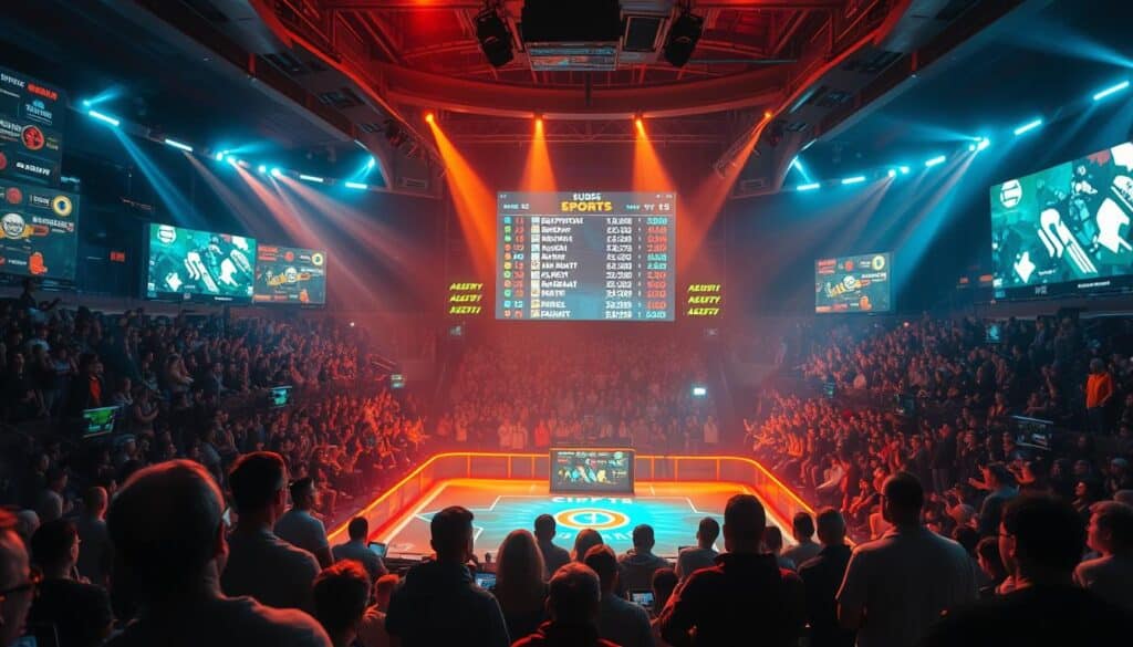 A highly detailed, ultra-realistic image of a sports betting event, featuring a vibrant and dynamic gaming arena in the foreground. The arena is illuminated by bright, dramatic lighting, casting dramatic shadows and highlights on the action below. In the middle ground, a crowd of engaged spectators watch intently, their faces filled with excitement and anticipation. In the background, a large video display shows the current odds and live updates of the ongoing match. The overall atmosphere conveys the high-stakes intensity and thrill of esports gambling, with a sleek, modern aesthetic that captures the cutting-edge nature of the industry.