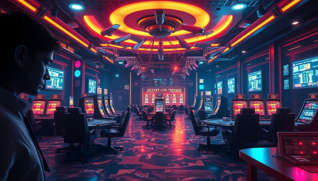 A highly secure online casino interior, bathed in a warm, inviting glow. The foreground features a state-of-the-art biometric authentication system, with iris scanners and fingerprint pads ensuring ironclad access control. In the middle ground, a comprehensive surveillance network of high-definition cameras monitors the gaming floor, tracking all transactions and player movements. The background showcases robust encryption protocols and firewalls, shielding the casino's sensitive data from any unauthorized access. The overall atmosphere conveys a sense of unwavering safety and reliability, instilling confidence in the players.