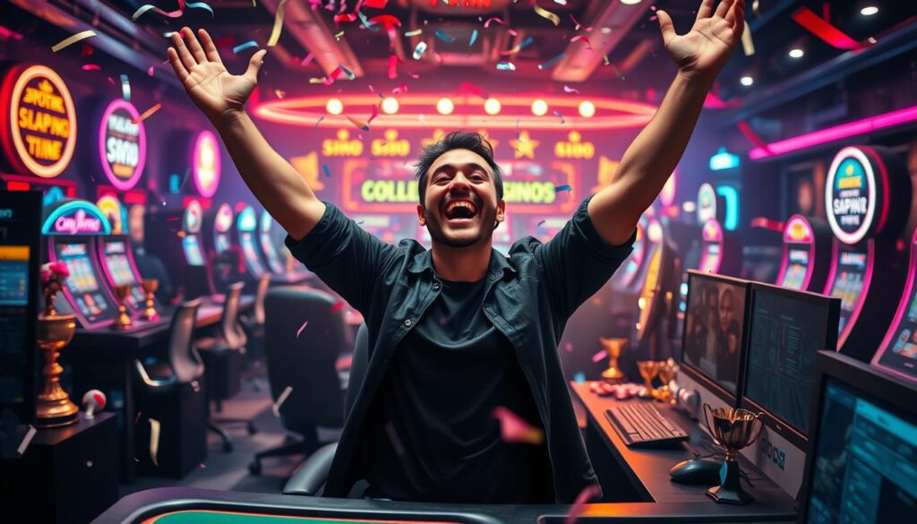 A jubilant scene of a victorious poker player celebrating their success in an online casino tournament. In the foreground, the player raises their arms in triumph, a triumphant grin on their face, surrounded by a cascade of virtual confetti. The middle ground depicts the player's workstation, complete with a modern gaming setup and an array of trophies and accolades. The background features a vibrant, neon-lit casino landscape, with the iconic jackpot symbols and flashing lights reflecting the excitement of the virtual gaming experience. The lighting is dramatic, with warm hues and dramatic shadows highlighting the player's moment of glory. Captured with a wide-angle lens to emphasize the scale and grandeur of the player's accomplishment.