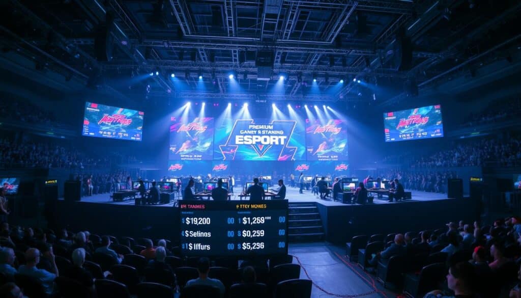 A large, brightly lit stage in a modern esports arena, with rows of spectators in the background. On the stage, a group of professional esports players are intently focused on their computer screens, immersed in a high-stakes competitive gaming tournament. The lighting is dramatic, with spotlights illuminating the players' faces and the gaming setups, creating a sense of intensity and anticipation. In the foreground, a large digital scoreboard displays the current standings and prize money amounts, highlighting the lucrative rewards at stake. The overall scene conveys the high-energy, high-stakes nature of these premium esports tournaments, where talented players compete for life-changing sums of money.