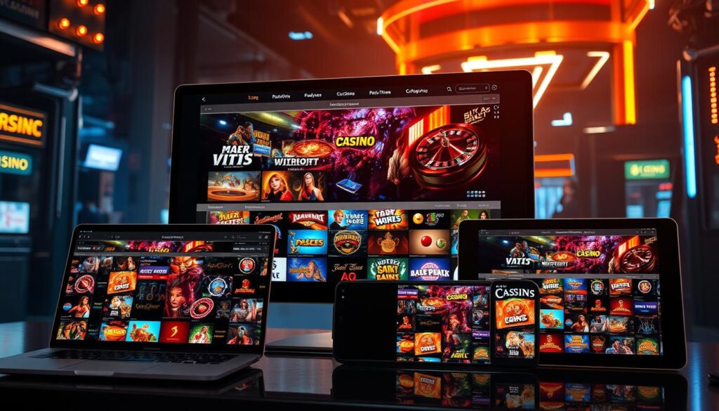 A large, modern online casino website with a sleek and sophisticated design, featuring a grid of different game tiles, including popular casino games like slots, roulette, and blackjack. The website is displayed on multiple devices, including a laptop, tablet, and smartphone, showcasing its responsive and user-friendly interface. The scene is brightly lit, with a warm, inviting color palette and subtle reflections on the devices' screens, creating a sense of high-end, polished presentation. The overall atmosphere conveys the excitement and allure of a premier online gambling destination.