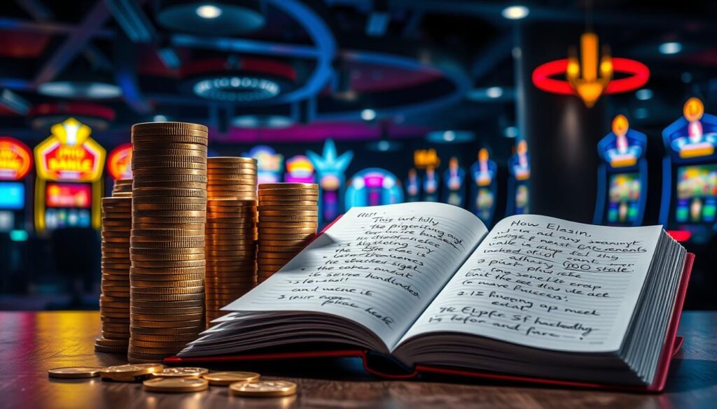 A large stack of gold coins and casino chips against a backdrop of blurred casino tables, slot machines, and neon lights. The foreground features an open ledger book with handwritten notes on budgeting and risk management strategies. The lighting is dramatic, creating deep shadows and highlights that convey a sense of serious deliberation. The overall composition suggests the importance of disciplined financial planning and responsible gambling practices in the high-stakes world of casino gaming.