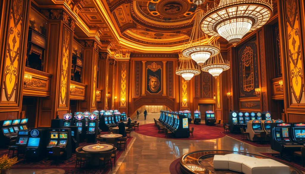 A lavish Macau casino, bathed in warm, golden light, its grand, opulent facade adorned with intricate architectural details that evoke the region's rich cultural heritage. Towering columns, ornate moldings, and gilded accents create an air of elegant sophistication. The interior space is vast and cavernous, with high ceilings and a dramatic layout that seamlessly blends gaming tables, slot machines, and plush lounge areas. Meticulously crafted chandeliers, plush carpets, and polished marble floors contribute to an atmosphere of luxury and indulgence. The lighting is strategically placed to highlight the mesmerizing patterns and textures, casting dramatic shadows that add depth and drama to the scene. The overall design exudes a harmonious balance of opulence, grandeur, and an unmistakable Macanese flair, captivating visitors and embodying the essence of the region's renowned gaming industry.