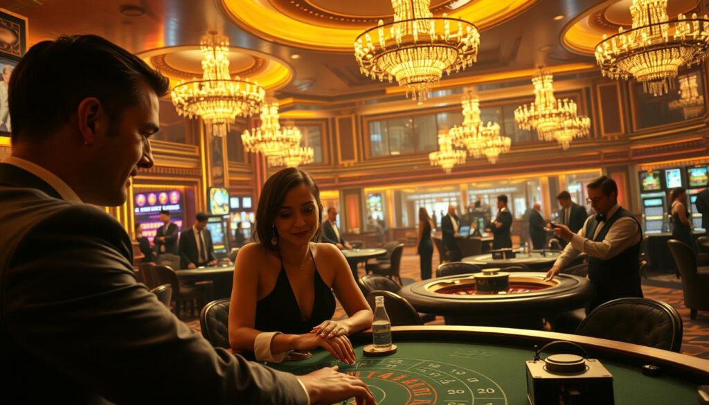 A lavish casino interior bathed in warm, golden light. In the foreground, two elegantly dressed players immersed in a high-stakes game of baccarat, their faces alight with anticipation. The middle ground reveals a panoramic view of the gaming floor, where croupiers in crisp uniforms oversee the action at roulette and blackjack tables, surrounded by well-heeled patrons. In the background, plush seating areas and ornate chandeliers create an atmosphere of opulence and excitement. The scene conveys the allure of the live casino experience, where the thrill of the game and the energy of the environment seamlessly converge.