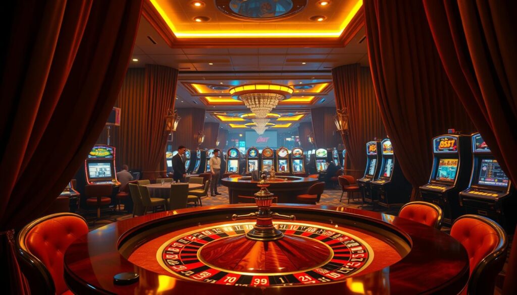 A lavish casino interior, bathed in warm, golden lighting that casts a inviting glow. Plush velvet curtains frame the scene, hinting at the high-stakes excitement within. In the foreground, a roulette table takes center stage, its polished wood and gleaming metal fixtures beckoning players to try their luck. Dealers in crisp uniforms stand ready, while nearby slot machines flash and chime, their hypnotic allure drawing in hopeful gamblers. In the background, the faint sounds of clinking glasses and lively chatter set the mood for a night of thrilling casino entertainment.