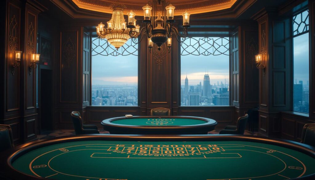A lavish casino interior, dimly lit with a warm glow. In the foreground, a baccarat table with its green felt surface and ornate gold trim, inviting the player to take a seat. Behind the table, a large chandelier casts a soft, ambient light over the scene. The middle ground features elegant wood-paneled walls adorned with intricate patterns, conveying a sense of sophistication. In the background, a panoramic view of the city skyline can be seen through large windows, adding depth and context to the composition. The overall atmosphere evokes a feeling of strategic contemplation, where the player's cunning and wisdom are the keys to success in this captivating game of百家樂.