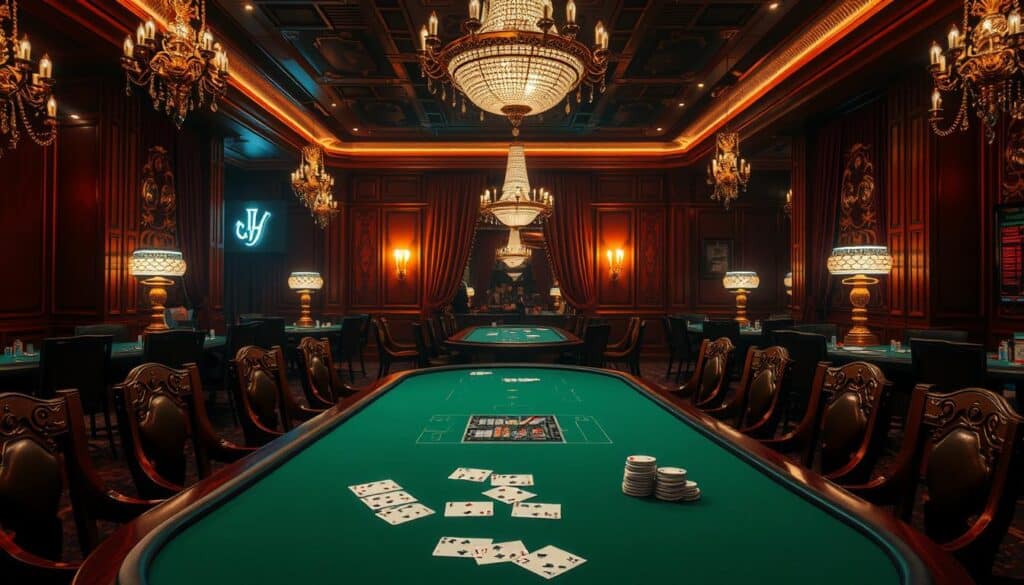 A lavish casino interior, dimly lit with warm, ambient lighting. At the center, a green baize-covered baccarat table surrounded by elegant wooden chairs. In the background, gilded chandeliers and plush velvet curtains create an air of opulence. On the table, the iconic baccarat cards and chips are arranged, hinting at the thrilling gameplay to come. The scene conveys the allure and sophistication of the classic casino experience, inviting the viewer to explore the captivating world of baccarat.
