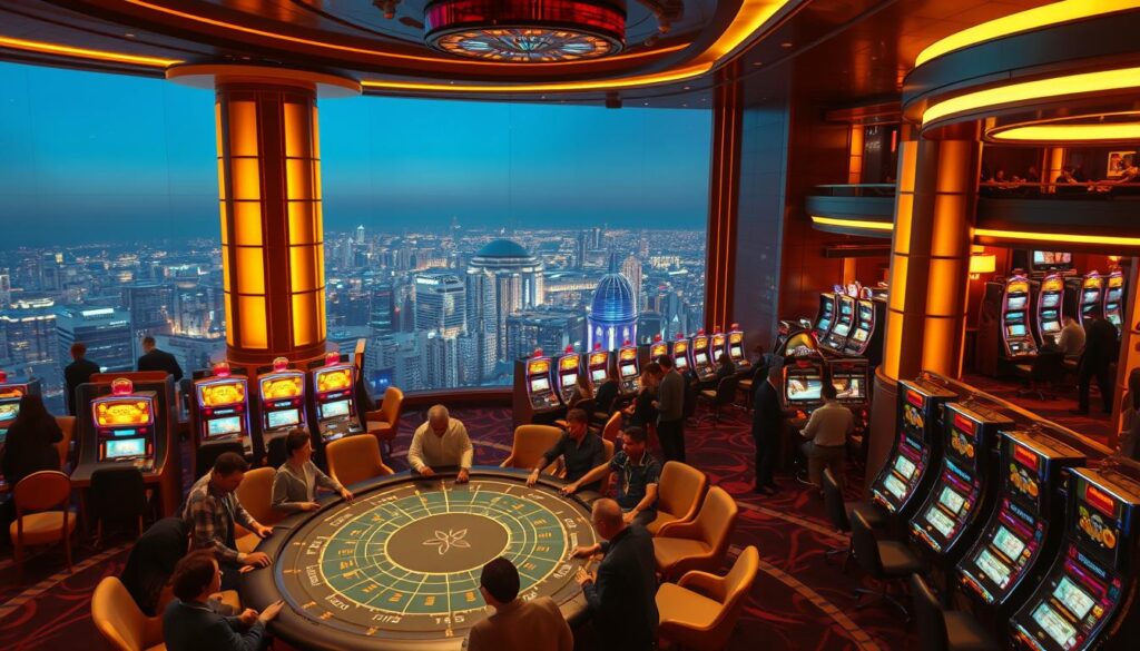 A lavish casino interior, illuminated by warm, ambient lighting and accented with sleek, modern furnishings. In the foreground, patrons gather around a centrally positioned high-stakes gaming table, their expressions rapt with anticipation as they place their bets. In the middle ground, rows of state-of-the-art slot machines beckon players, their screens flashing with enticing graphics and animations. The background is dominated by a panoramic view of the cityscape beyond, hinting at the vibrant, fast-paced atmosphere of the contemporary gambling landscape. The overall scene evokes a sense of excitement, luxury, and the thrill of the high-stakes gaming experience.