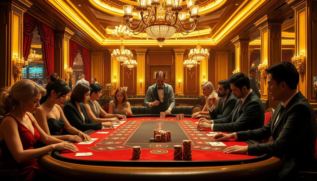 A lavish casino interior with a baccarat table at the center, bathed in warm golden lighting. In the foreground, a group of elegant players carefully study their cards, their faces a mix of concentration and anticipation. The tabletop is adorned with stacks of colorful chips, each one a symbol of the calculated risks they're taking. In the middle ground, a croupier presides over the game, their hands deftly manipulating the cards with practiced precision. The background is a panorama of ornate chandeliers, plush velvet curtains, and polished marble floors, creating an atmosphere of high-stakes sophistication. The overall scene conveys the thrill and strategy of baccarat, a game where skill and luck intertwine to determine the ultimate victor.
