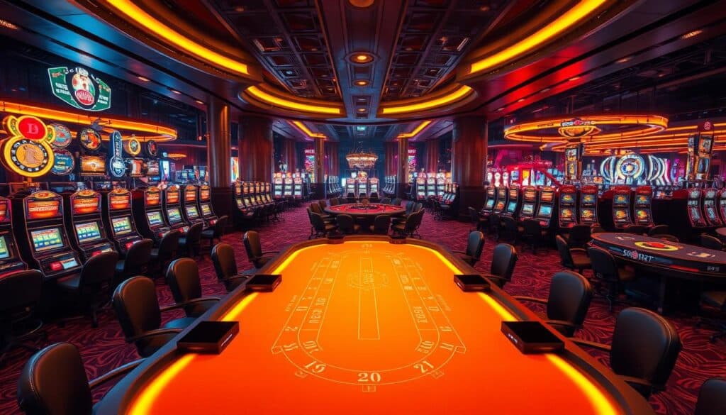 A lavish casino interior, with a central baccarat table surrounded by player stations. The table is bathed in a warm, golden light, creating an inviting atmosphere. In the background, rows of slot machines and gaming tables stretch out, each illuminated by their own distinct lighting. The scene is captured from a slightly elevated angle, allowing the viewer to take in the scale and grandeur of the casino setting. The overall mood is one of sophistication and anticipation, capturing the essence of the baccarat experience and its contrast with other casino games.