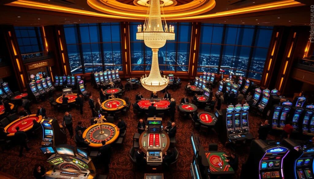 A lavish casino interior with a panoramic view of various gaming tables and electronic machines. In the foreground, a well-dressed crowd of patrons eagerly participate in a diverse array of games, including baccarat, blackjack, roulette, and slot machines. The middle ground features a grand chandelier illuminating the luxurious atmosphere, while the background showcases a breathtaking night skyline visible through large windows. The lighting is warm and inviting, creating a sense of excitement and anticipation. The overall composition reflects the glamour and excitement of a premier casino experience.