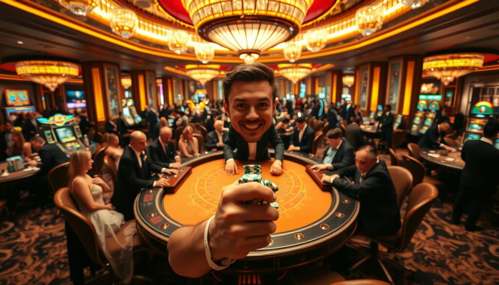 A lavish casino interior with an ornate baccarat table at the center, surrounded by well-dressed patrons and dealers. Dramatic overhead lighting casts a warm glow, creating an atmosphere of high-stakes excitement. In the foreground, a triumphant player holds a stack of casino chips, their face beaming with the thrill of victory. The background is filled with the elegant decor of the gaming floor - plush carpets, gilded accents, and a panoramic view of the bustling casino. The scene conveys the palpable sense of success and accomplishment that can be achieved through skillful play in the game of baccarat.