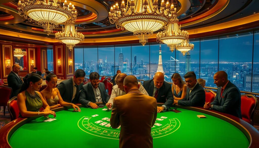 A lavish casino interior, with ornate chandeliers casting a warm glow over the vibrant green felt of a baccarat table. Elegantly dressed players huddle around, their faces alight with excitement as the cards are dealt, the tension palpable. In the background, a panoramic view of the bustling city skyline, hinting at the thrill and allure of high-stakes gambling. The scene evokes a sense of glamour, sophistication, and the endless pursuit of adrenaline-fueled thrills that have made baccarat a timeless favorite among discerning players.