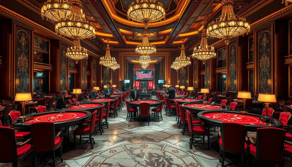 A lavish casino interior with rows of baccarat tables, surrounded by elegant decor and opulent chandeliers casting a warm, inviting glow. Marble floors, gilded accents, and plush velvet furnishings create an atmosphere of luxury and sophistication. Experienced croupiers stand behind the tables, expertly handling the cards and chips as players engage in the captivating game of baccarat. The overall scene conveys the allure and strategic advantages that a well-designed casino environment offers to the house, drawing in players and captivating their senses.